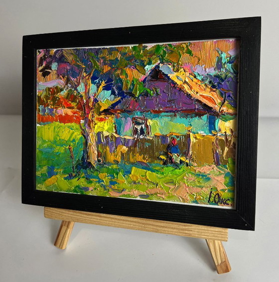 Image 1 of Peinture à l'huile originale, paysage champêtre, jardin d'été, maison au crépuscule