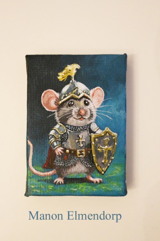 Image 1 of Unique Hand-Painted Little Knight Mouse Painting