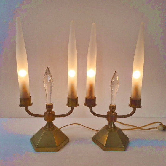 Image 1 of Pair of vintage 1950s brass and glass candle lamps, Art Deco style.