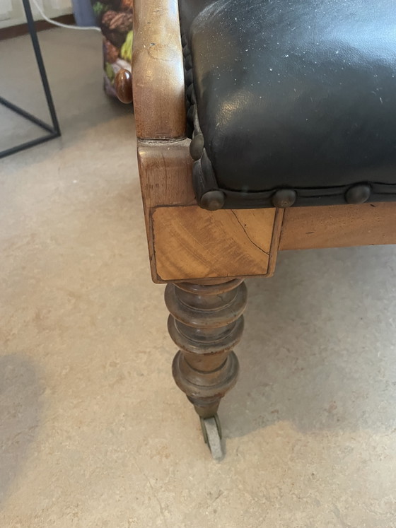 Antiker englischer Ledersessel mit verstellbarer Rückenlehne. – Verstellbarer relaxsessel, Wood, Leather (photo 3 of 6)