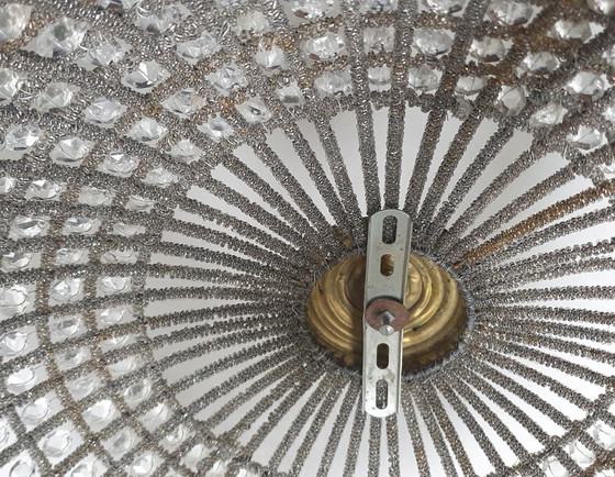 Very large (50 cm) vintage crystal ceiling light with rosettes and garlands, Brass, Transparent (photo 14 of 18)