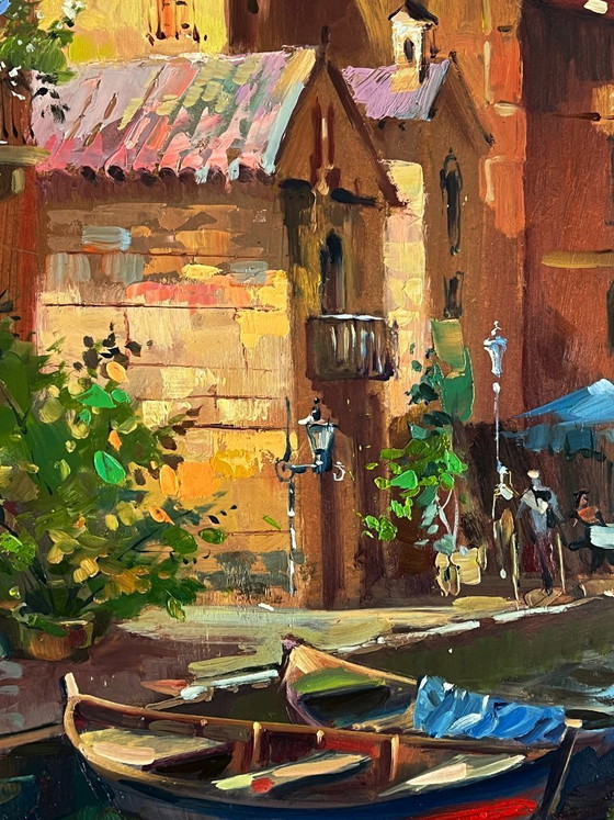 Image 1 of Peinture à l'huile originale représentant un paysage urbain et une architecture. Une promenade dans les rues de Venise.