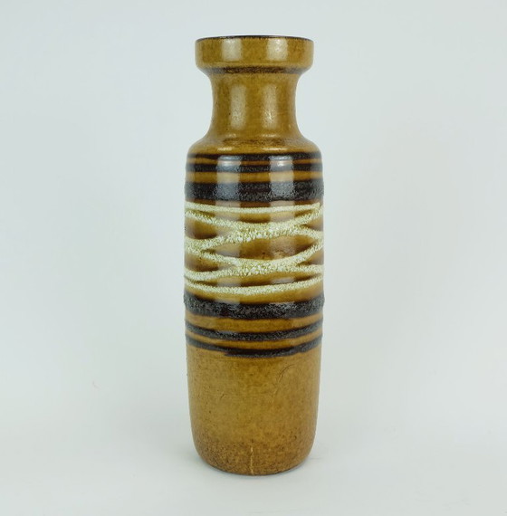 Image 1 of scheurich mid century VASE 1960s fat lava stripe decor ochre black white model no. 200-28
