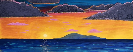 Golden Island – Original Panoramic Acrylic Painting on Canvas – 100 × 40 Cm – schilderijen tekeningen, Cotton