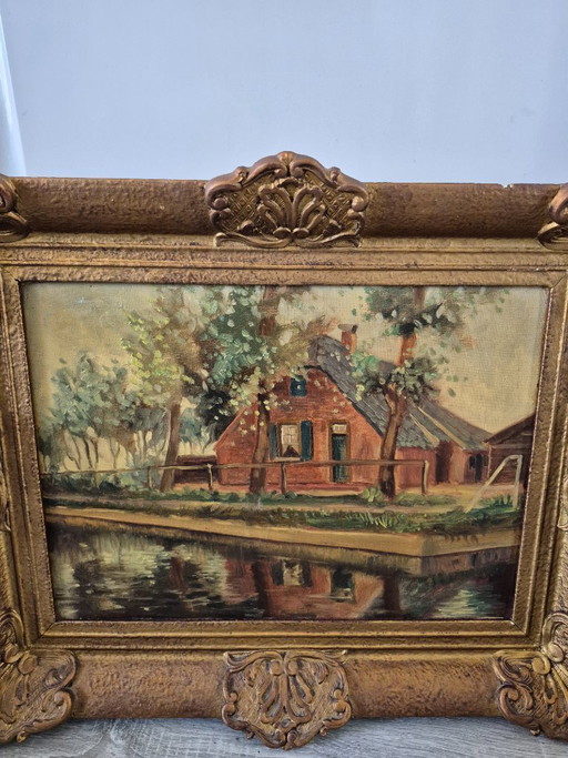 Antico dipinto paesaggistico olandese con canale e casa