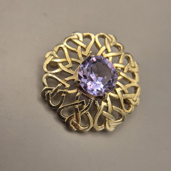 Image 1 of Vintage JAF Scottish Celtic Knot Brooch Kilt Pin Gold Tone Violet Stone Signed