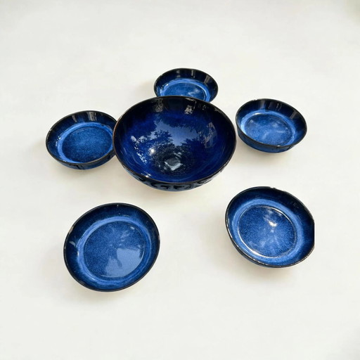 Selten! Vintage Japanisches Kobaltblau Schalen-Set | 1 große Schale & 5 kleine flache Schalen | Handbemalt | 70er/80er Jahre