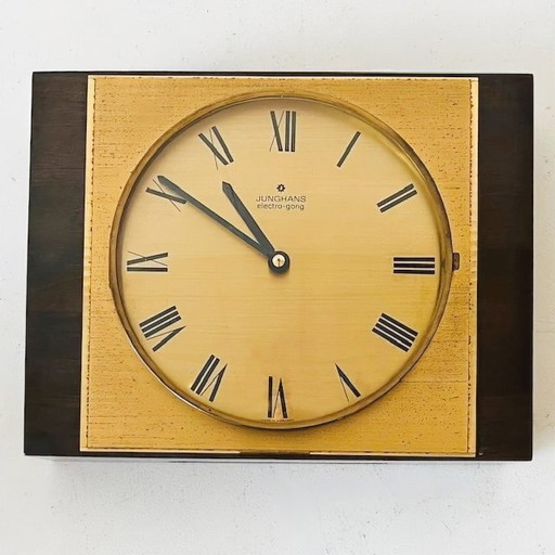 Orologio da parete vintage modernista Junghans Electro Gong, orologio da tavolo in legno e ottone, anni '60