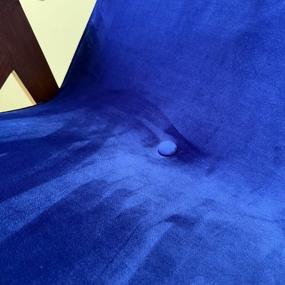 Image 1 of Mid Century Modern Blue Velvet Armchair Restored, Vintage Chierowski Lounge Chair, Polish Wooden Frame Accent Chair
