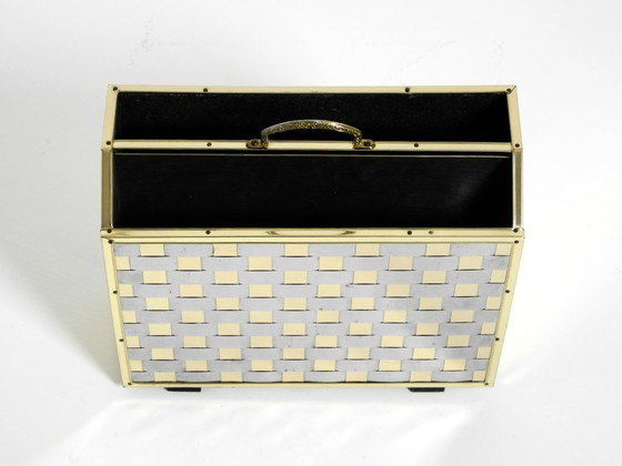 Image 1 of Extraordinary 1980s newspaper rack made of brass and wood in Hollywood Regency design