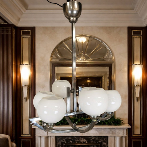 Lustre Art Déco ancien en chrome avec boules de verre, 1920