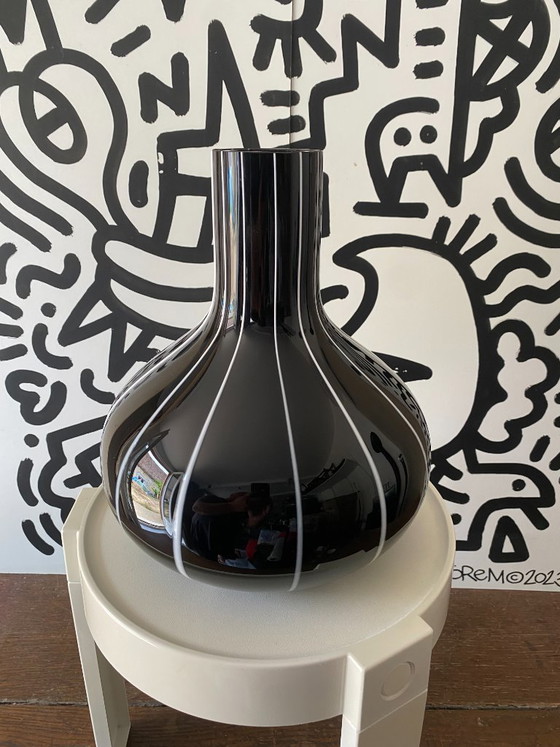 Vintage 1950s Black Glass Vase with White Trim (photo 13 of 16)