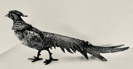 Image 1 of Magnifique paire de faisans en bronze argenté. Vintage - années 1950.