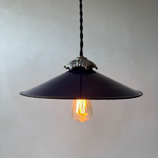 SUSPENSION INDUSTRIELLE ANCIENNE EMAILLEE BLEUE