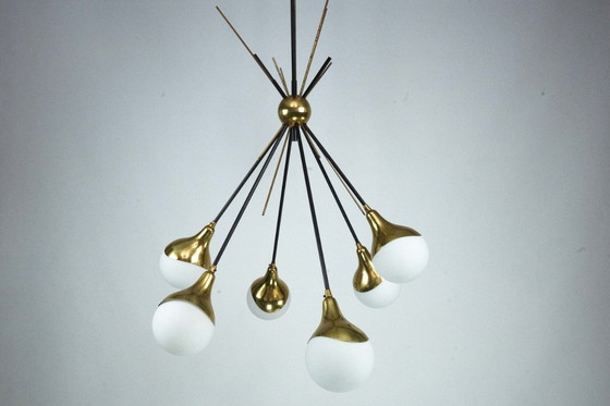 Image 1 of Mid-Century Italian 6-Arm Stilnovo Brass and opaline Glass Chandelier, 1950s