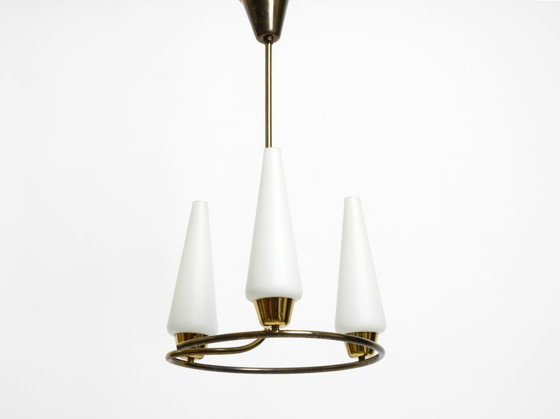Image 1 of Sehr seltene Mid Century Deckenlampe aus Messing mit Glas- und Stoffschirmen