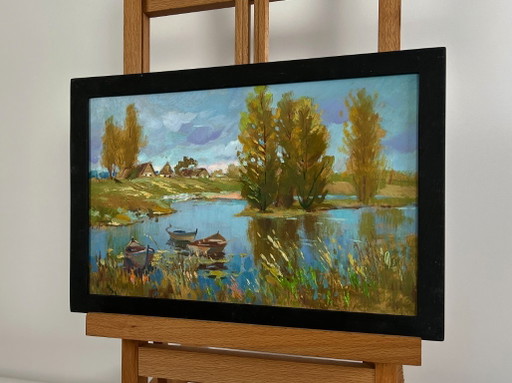 Origineel olieverfschilderij: Kustdorplandschap - Er stroomt een rivier vlakbij het dorp.
