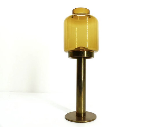Image 1 of Set of 3 large Swedish candlesticks in brass and tinted glass by Hans-Agne Jakobsson for Markaryd, model L-102/32 "Claudia" 1960