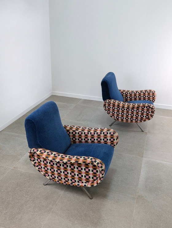 Image 1 of Paire de fauteuils Lady en velours bleu Hermès, Marco Zanuso, Italie, années 1950