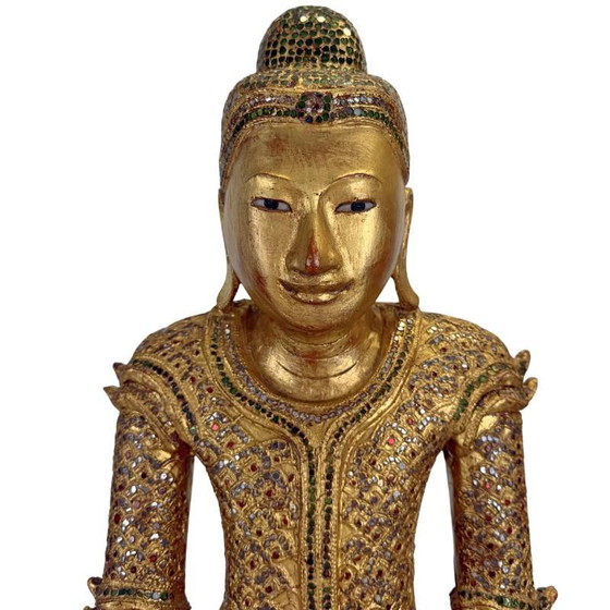 Antieke Birmese Jambupati Boeddha met glasinleg, 57 cm hoog. – Beeldhouwkunst, Wood (photo 12 of 16)