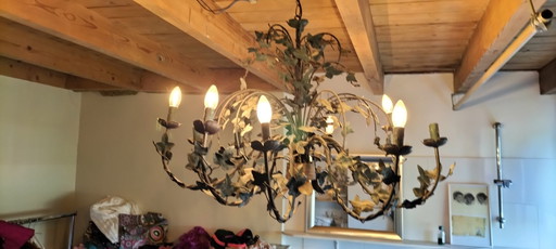 Bellissimo lampadario. Design con foglie verdi e ferro anticato. – kroonluchters, Iron (photo 2 of 5)
