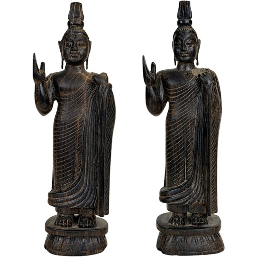 Par de Budas de madera de Sri Lanka en Abhaya Mudra – Mediados del siglo XX