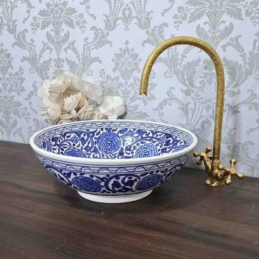 Lavabo marroquí azul – Lavabo de cerámica floral pintado a mano