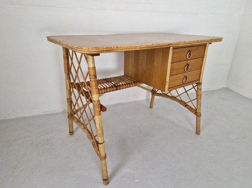 Vintage Louis Sognot Desk, Rattan 1960s