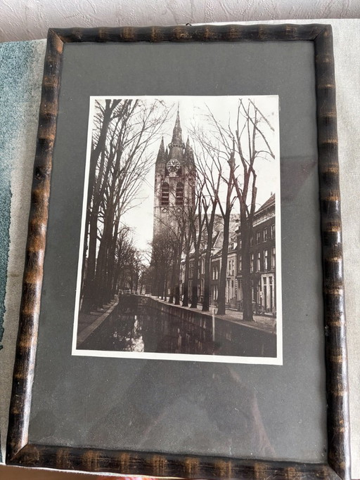 Sfeervolle vintage foto Oude Kerk Delft in antieke vlamlijst – fotografie, Wood