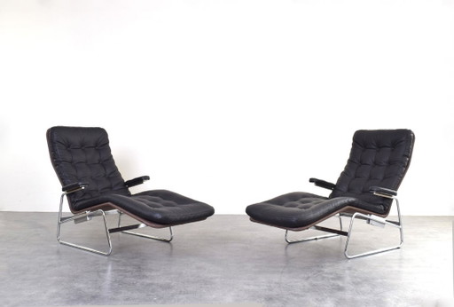 Chaise longue Fenix ​​de piel y cromo, modelo Bauhaus, diseñada por Sam Larsson para Dux, juego de 2 unidades.