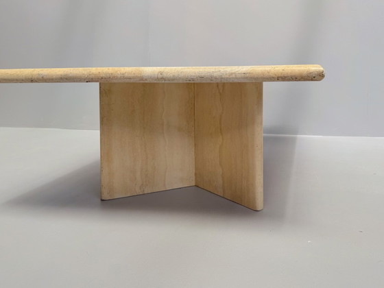 Image 1 of Vintage Travertine Coffee Table – Solid Square Stone Table with Cross Base – Postmodern 1970s Design