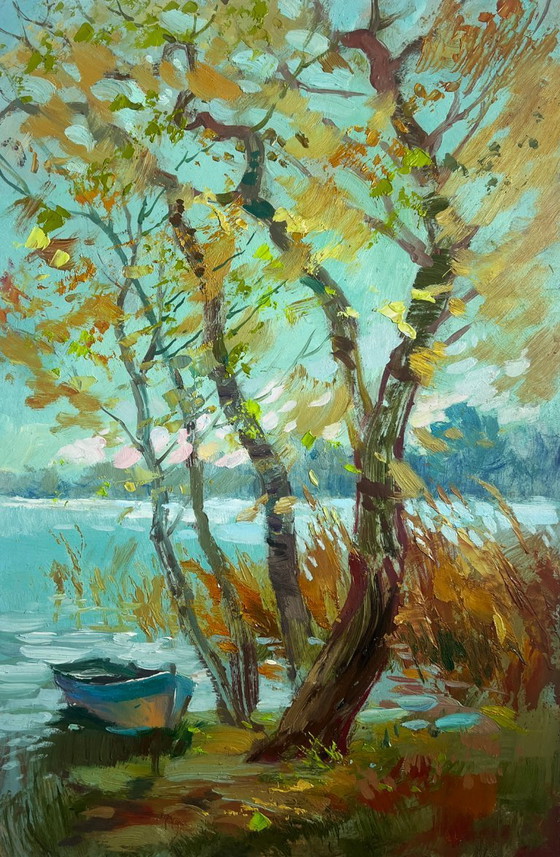 Image 1 of Peinture à l'huile originale représentant un paysage côtier d'automne par temps venteux au bord de la rivière