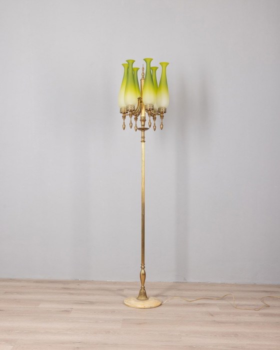 Image 1 of Vintage 50s Floor Lamp in Brass and Green Glass Italian Design