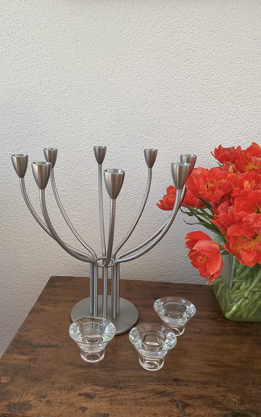 Stainless steel candlestick and 3 crystal tea light holders, Swedish design