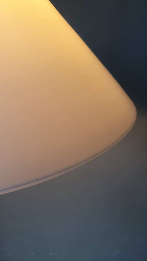 Image 1 of Set (2) Vintage pendant lamps in opaline / milk glass - banker's lamp or shoemaker's lamp