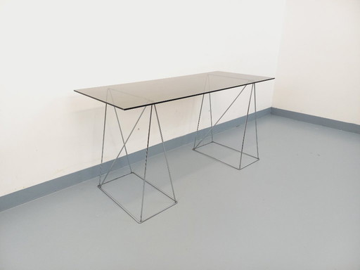 Scrivania vintage anni '70 in vetro fumé e metallo cromato