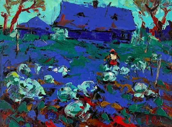 Image 1 of Original Oil Painting Day Village Landscape The garden smells of summer