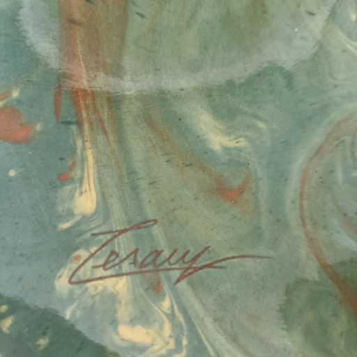 Bol de cerámica vintage de mediados de siglo – Esmalte jaspeado – Firmado Lesauy