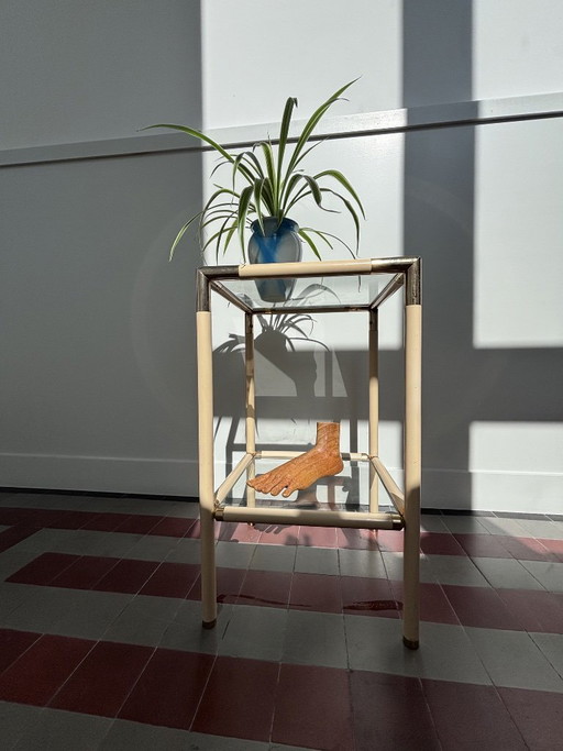 Vintage 1970s Italian Hollywood Regency Side Table by Banci Firenze – Cream & Brass Two-Tier Glass End Table