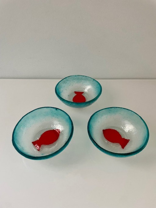 Set aus 3 handgefertigten Glasschalen mit Fischmotiv