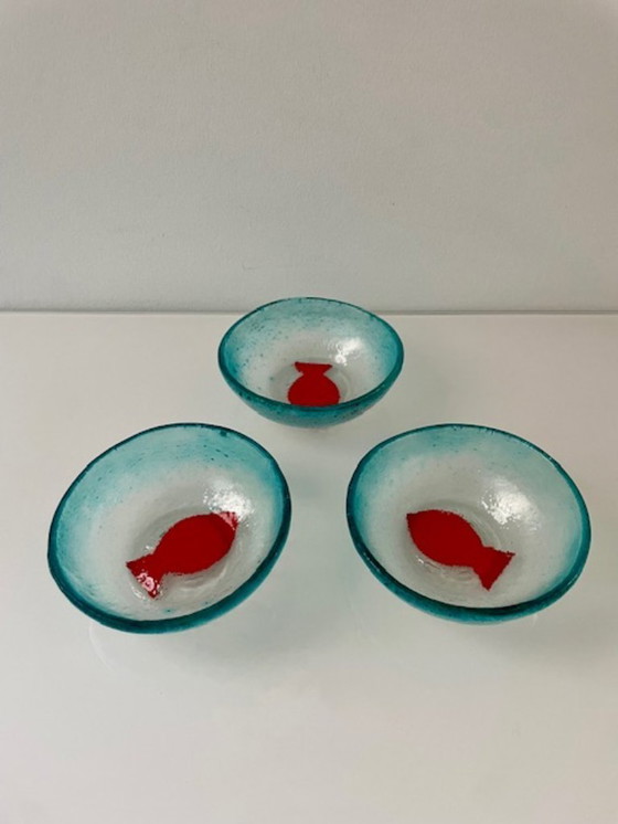 Image 1 of Set aus 3 handgefertigten Glasschalen mit Fischmotiv