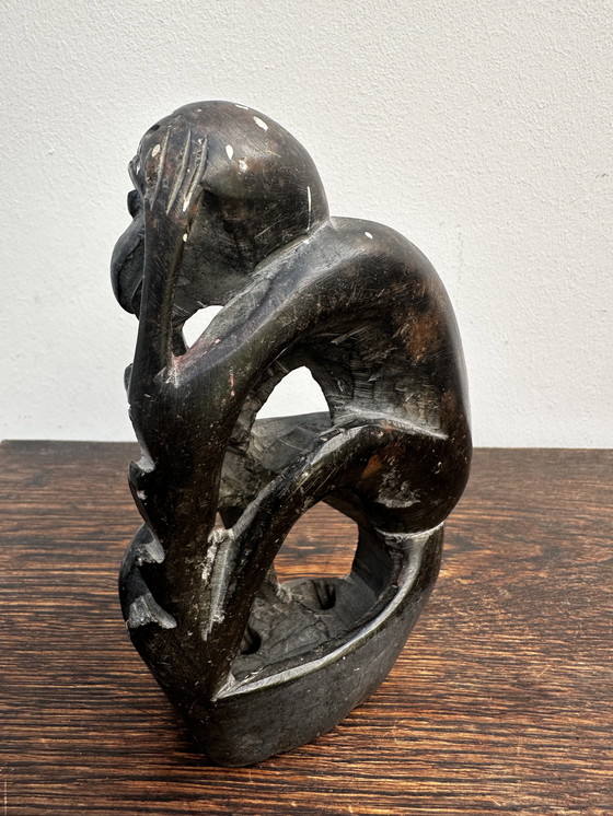 Image 1 of Scultura di Singe in pierre noire Mère et enfant H 14 cm / L 9 cm