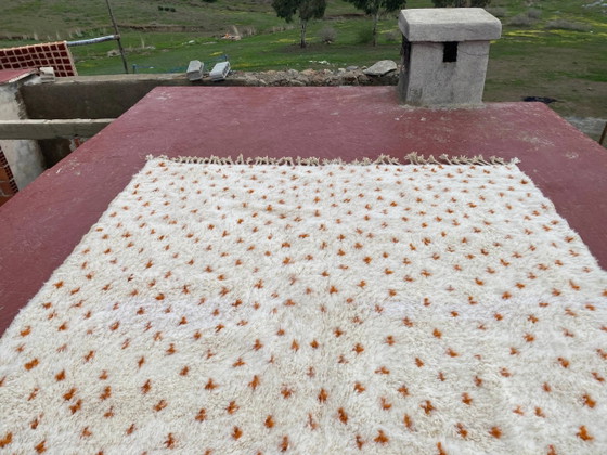 Tapis Beni Ouarain Authentique 3.3x2.3M Laine Écrue Motifs Terracotta – Coton, Scandinavian (photo 3 of 14)