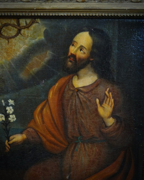 Image 1 of San Giuseppe con in mano un giglio, olio su tela scuola francese del XVIII secolo 51x48 cornice in legno dorato