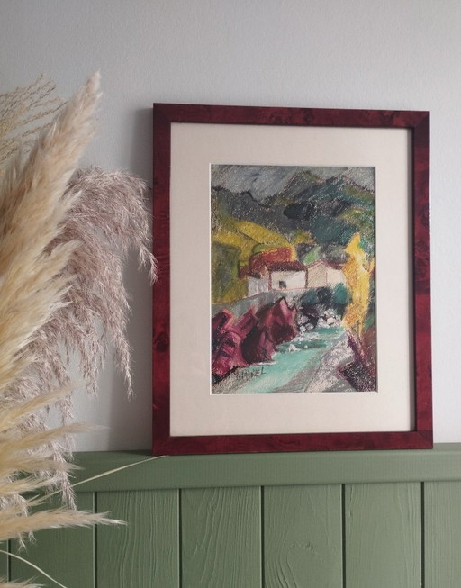 Lucie RIVEL, Bergdorf. Gerahmtes Pastell.