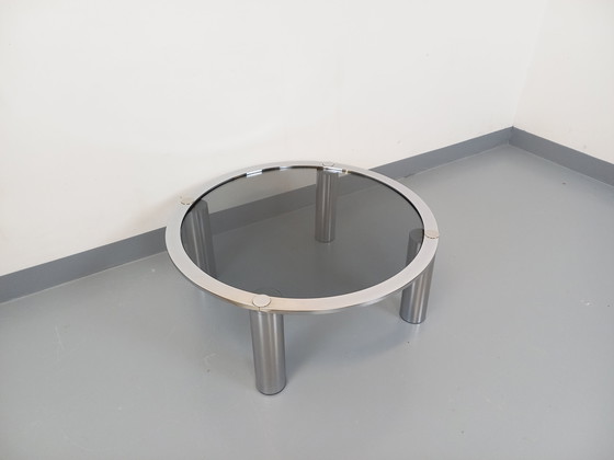 Image 1 of Table Basse Ronde Vintage en Verre Fumé et Métal Chromé des Années 70