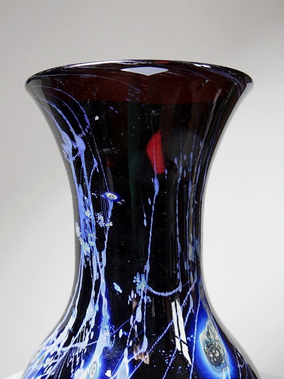 Image 1 of Large vintage purple art glass vase with silver inclusions