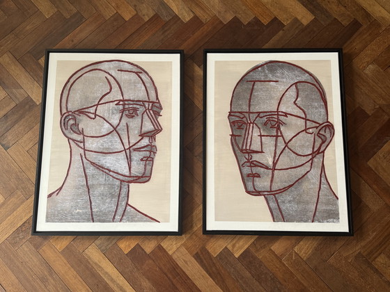 Image 1 of Duo d'œuvres d'art en techniques mixtes « Têtes monumentales » – LOFTLEVI (2003) – Iconique