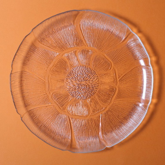 Image 1 of Piatto grande Fleur di metà secolo, piatto decorativo vintage trasparente / Arcoroc / Francia / anni '90