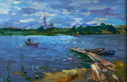 Origineel olieverfschilderij: Natuurlandschap, Kerk, Boot, Zomer, Vissen op de rivier